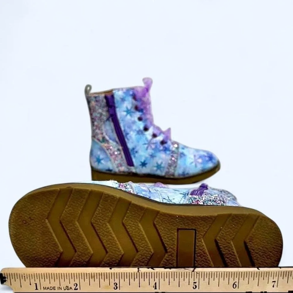 Little Penguin Shoes Kids Snowflake Glitter Lace Up Zip Boots Blue Purple 4-5Y